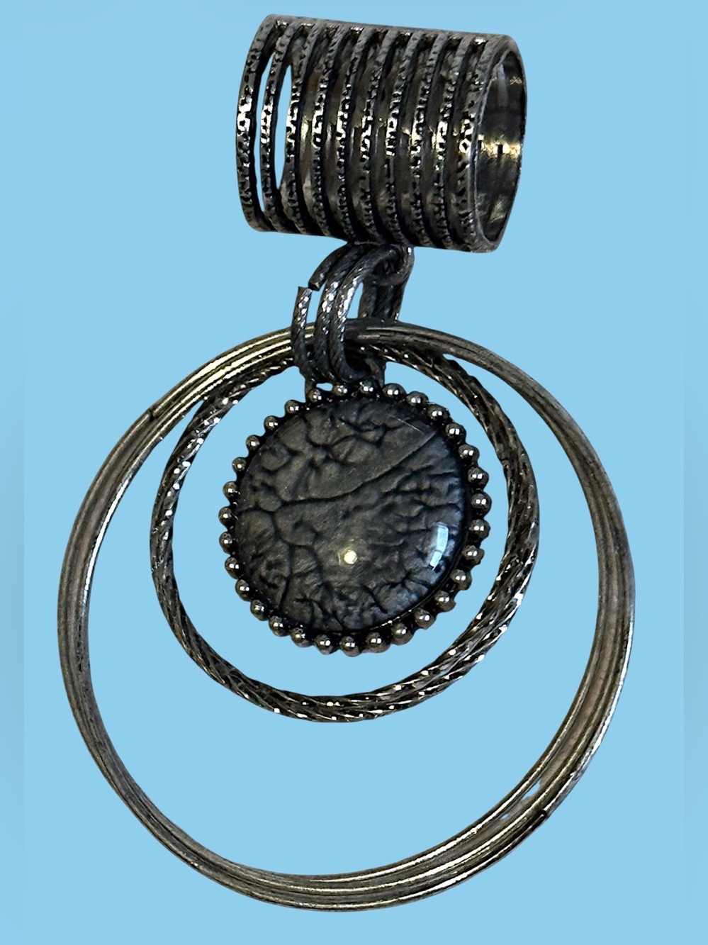 Vintage Silver-Tone Scarf Slide Ring Multi Hoop & Textured Cabochon Pendant